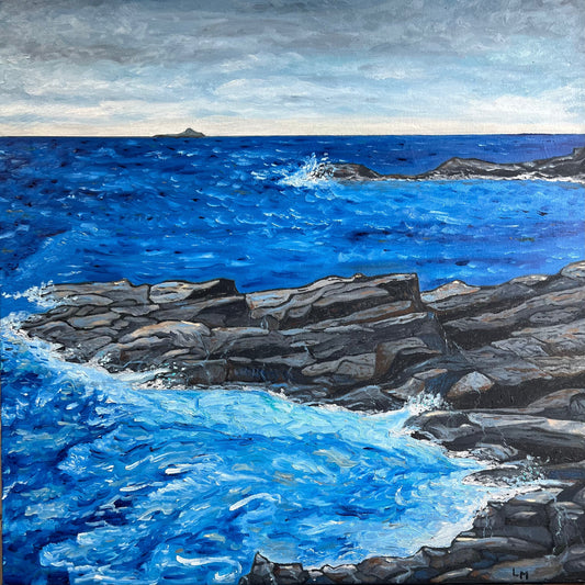 East Coast in Blue, original oil painting of Atlantic waves on dark coastal rock by Lisa Morrison