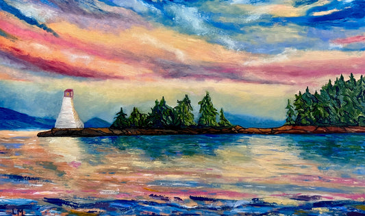 The Colours of Home, original oil painting of Kidston Lighthouse in Baddeck, Nova Scotia, by Lisa Morrison